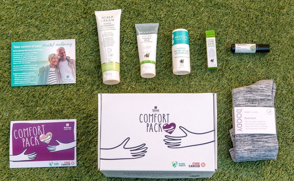 The contents of a comfort pack is on display, including bed socks and skin care.