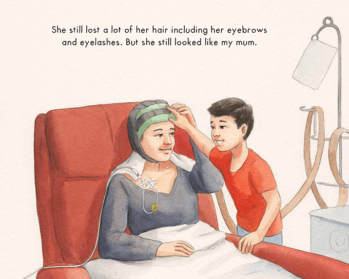 An illustration of breast cancer survivor, Katrina Lau Hammond with her son from her book 'The Village'