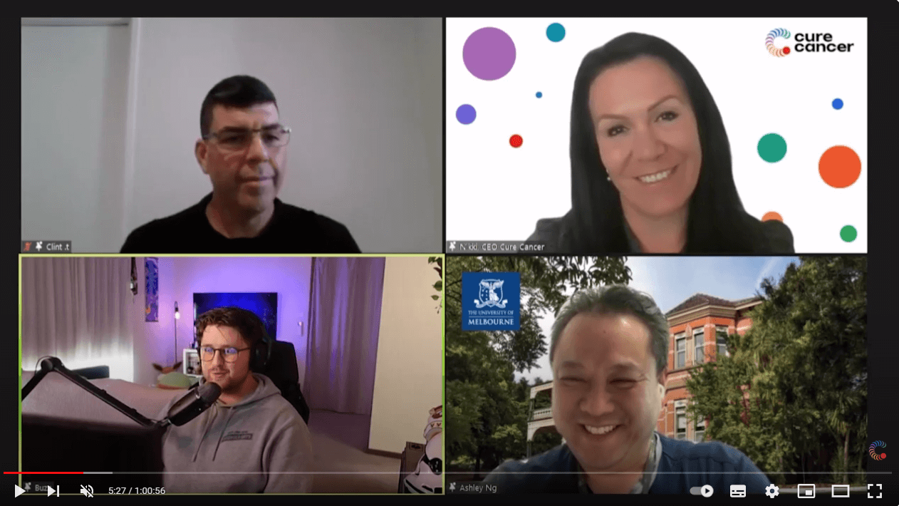 A Zoom call with 4 speakers spotlighted: Cure Cancer CEO Nikki Kinloch, Dr Ashley Ng, Clint Trofa, Buzz Wilson